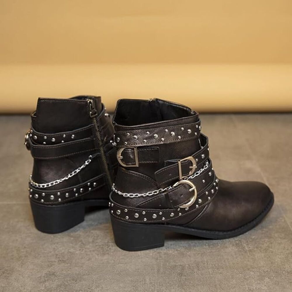 Low Block Heeled Gothic Ankle Boots - Picture 2 of 6